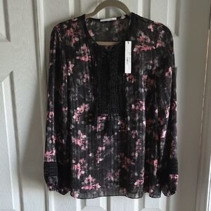 T Tahari Black and Pink Floral Blouse